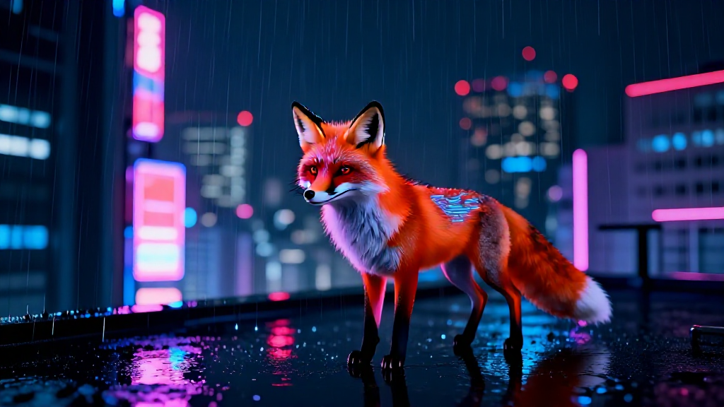 A cyberpunk fox standing on a neon-lit rooftop overlooking a rainy Tokyo cityscape at night, holographic signs reflecting in puddles