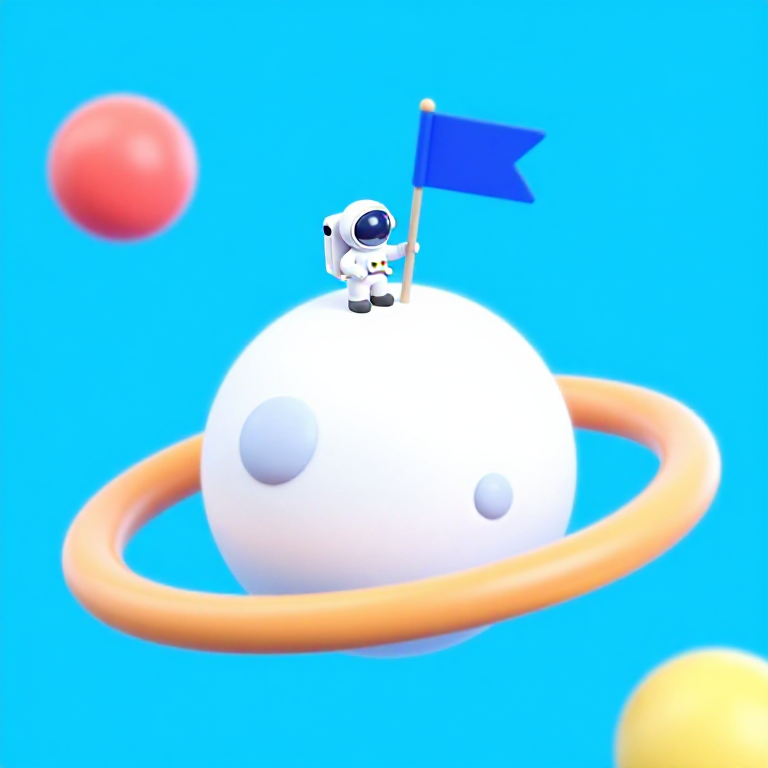 A tiny astronaut planting a flag on a marshmallow planet, surrounded by a candy ring system and chocolate asteroid belt