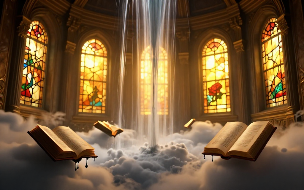 An ancient library floating in clouds, with waterfalls of ink pouring from open books, warm golden light streaming through stained glass windows