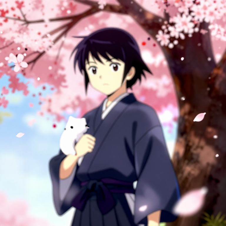 A cat samurai meditating under a cherry blossom tree, cherry petals falling around, soft morning mist, anime style