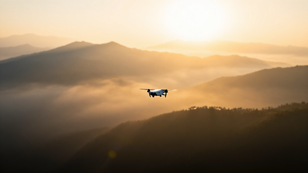 A drone shot flying through misty mountains at sunrise, golden light breaking through clouds
