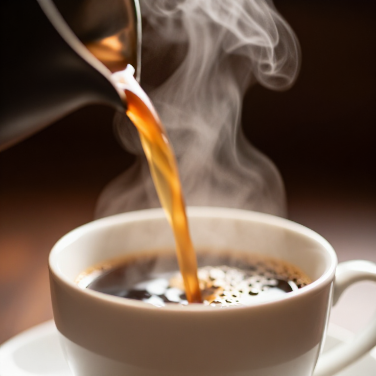 A cup of coffee being poured in slow motion, steam rising, morning light through a window